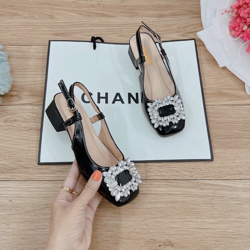 Giày lolita mũi vuông quai sau đi chắc chân mũi đính đá sang chảnh