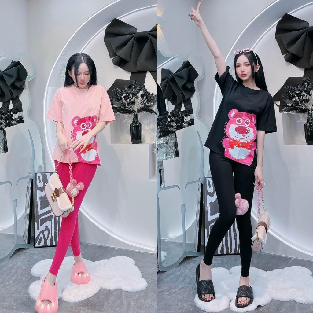 Set bộ đồ thun cùng tone siêu cute với họa tiết gấu hồng xinh xắn dành cho các nàng diện ở nhà, đi chơi