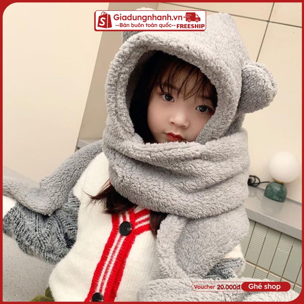 Mũ len trùm đầu tai gấu liền khăn cổ giữ ấm kèm găng tay chồng gió lạnh mùa đông hàng Quảng Châu