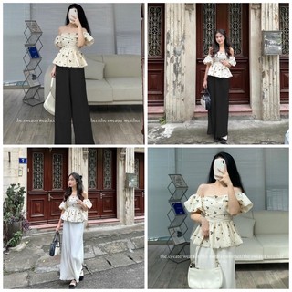 SET ÁO DOLL HOA TAY PHỒNG TRỄ VAI QUẦN SUÔNG DẬP LY (4 màu như hình)