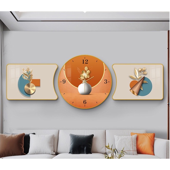 Tranh đồng hồ treo tường tranh trang trí cách điệu bình hoa tặng kèm pin và đinh 3 chân