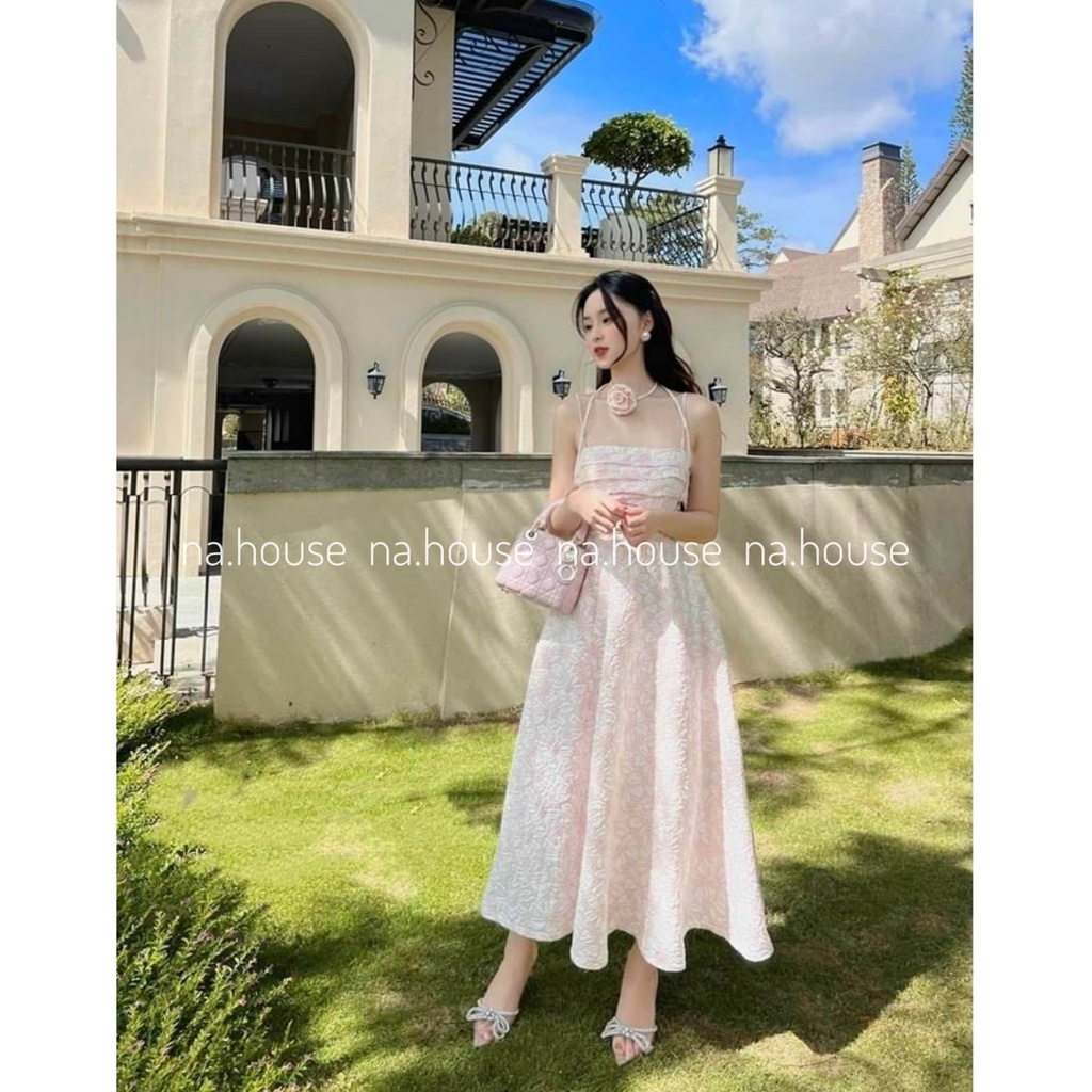 ĐẦM HỒNG MIDI HAI DÂY ĐI CHƠI ĐI TIỆC NAHOUSE VÁY GẤM XỐP 2S DÁNG DÀI KÈM CHOKER HOA THIẾT KẾ ĐẸP VÀ SANG TRỌNG