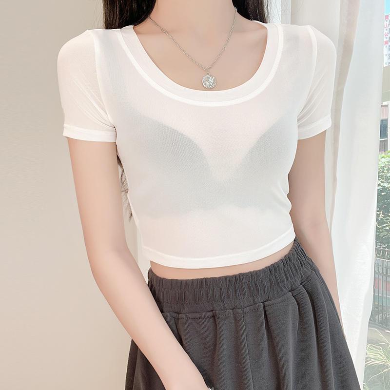 Áo Thun Ngắn Tay Vải Lụa Lạnh Mỏng Xuyên Thấu Thời Trang Mùa Hè Cho Nữ#0224