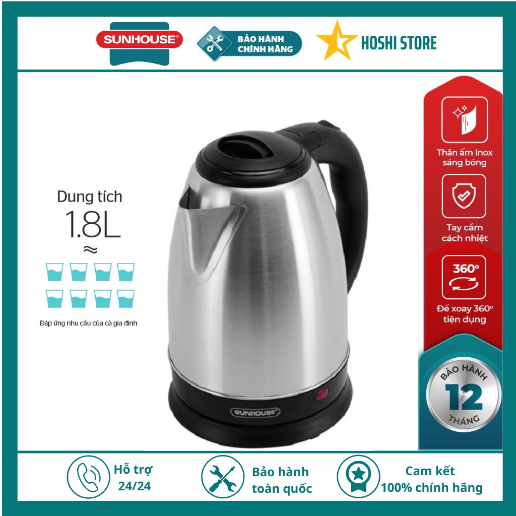 Ấm Đun Nước Siêu Tốc SunHouse - Bình Siêu Tốc Inox Chính Hãng 1.8L Bảo Hành 12 Tháng