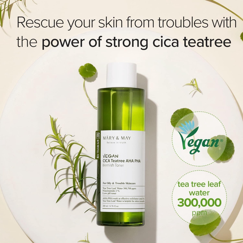 Nước Cân Bằng Ngăn Mụn Làm Sáng Da dịu da Mary & May Vegan CICA Tea Tree AHA PHA Toner 200ml