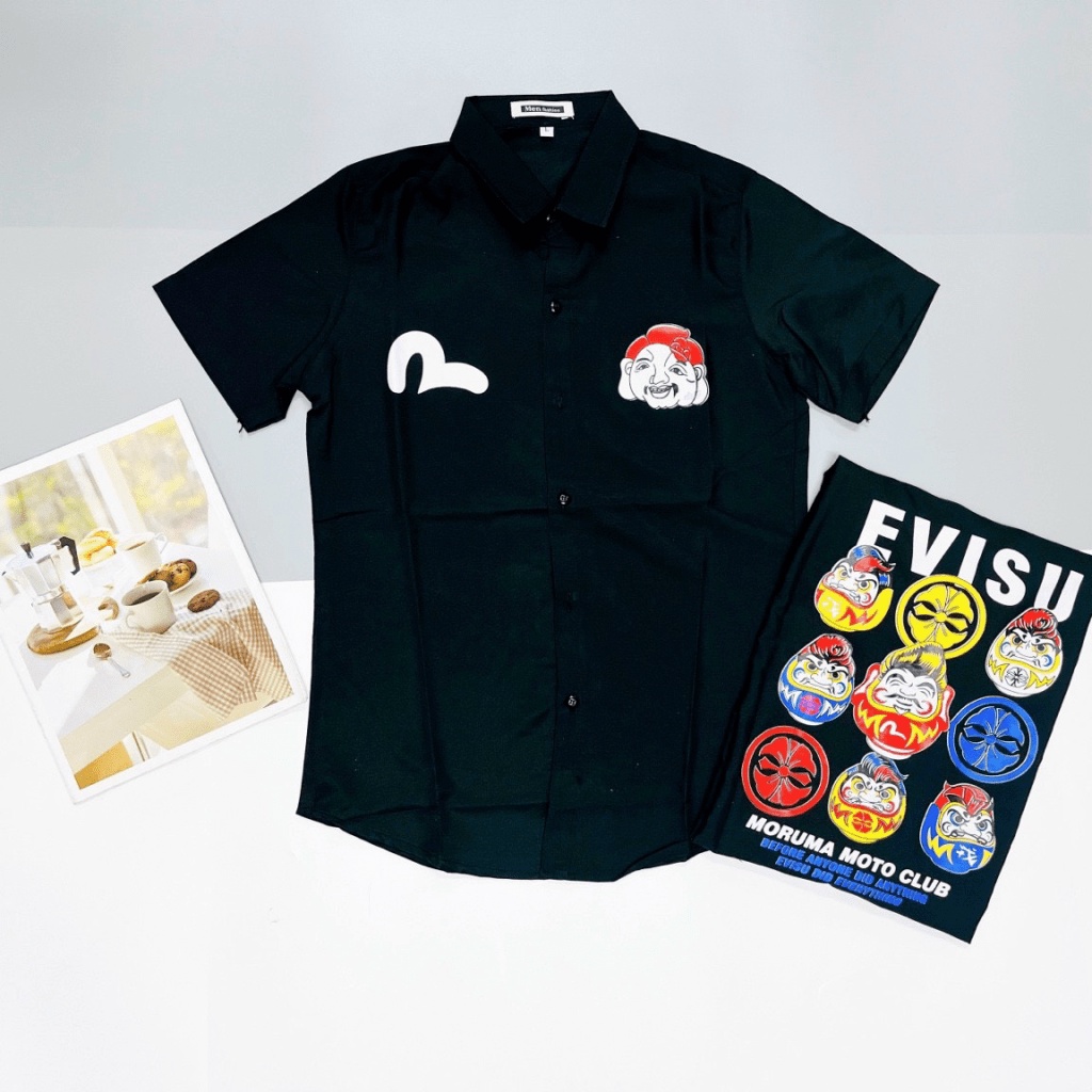 Áo Sơ Mi Nam Ngắn Tay Cổ Bẻ Vải Kate Lụa Phối Hình 2 Màu Trắng Đen Trẻ Trung NEW UNISEX