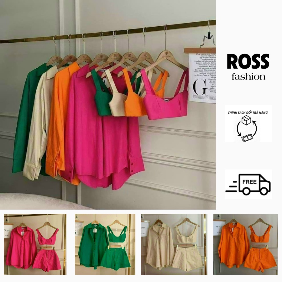 Set Bộ 3 Món Crop 2 Dây Phối Quần Short Kèm Áo Khoác Sơ MI Phù Hợp Đi Chơi Dạo Phố Ross Fashion