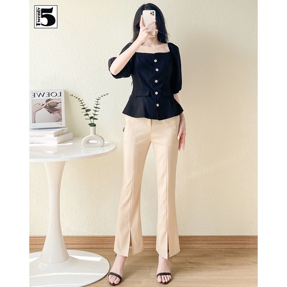 Áo sơ mi nữ công sở cổ vuông tay bồng cài cúc nắp túi giả Twentyfive SA34