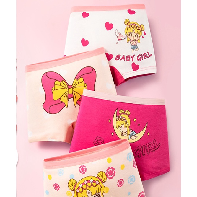 Set 4 Quần chíp đùi bé gái boxer vải cotton mềm mát họa tiết hoạt hình công chúa đáng yêu