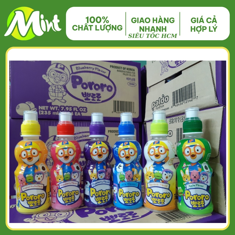 Nước trái cây cho BÉ Pororo Paldo Hàn Quốc chai 235ml (Dâu, Nho, Sữa,Táo, Chuối, Việt Quất).SHOP MINT MINT.