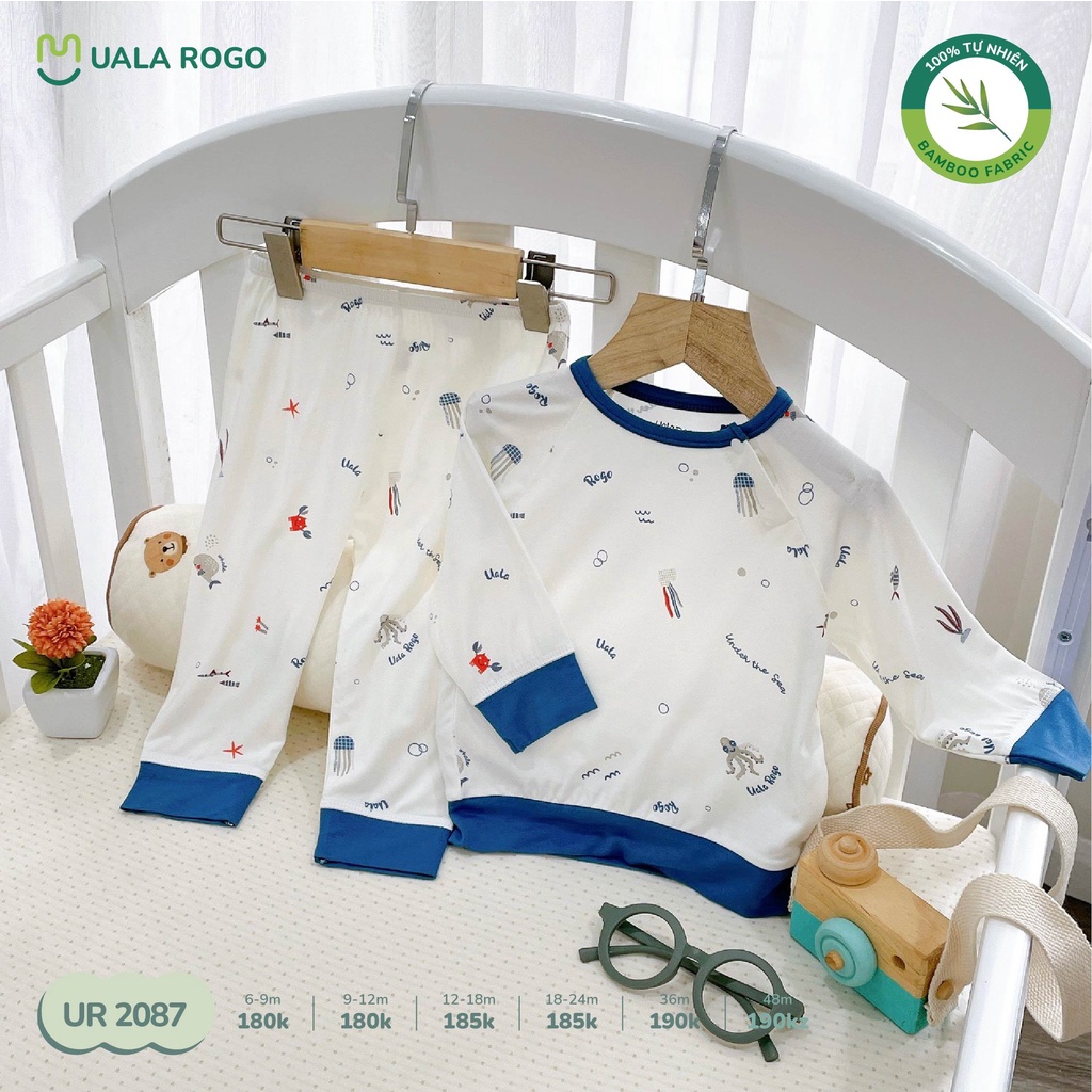 Bộ dài tay cài vai UALA ROGO Vải mỏng bamboo sợi tre hè mặc ngủ bé trai bé gái 2087
