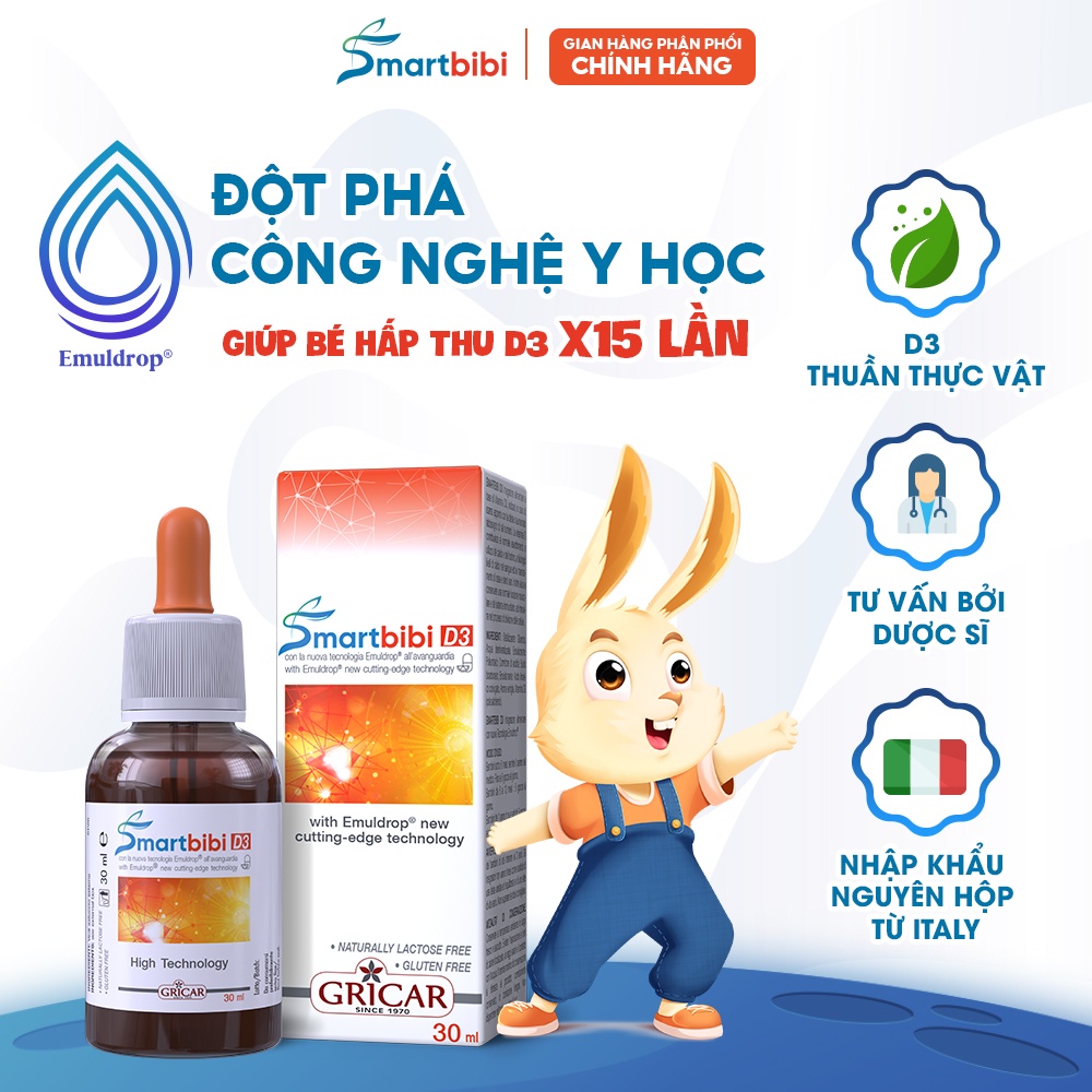 Vitamin D3 hấp thu d3 gấp 15 lần - Smartbibi D3 giúp bé phát triển chiều cao, chống đổ mồ hôi trộm 30ml