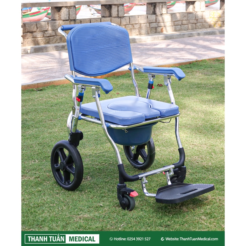 Xe lăn kết hợp ghế bô vệ sinh đa năng BÁNH LỚN GBM-018 khung hợp kim nhôm siêu bền - Có đệm, Bánh xe, Chỗ gác chân