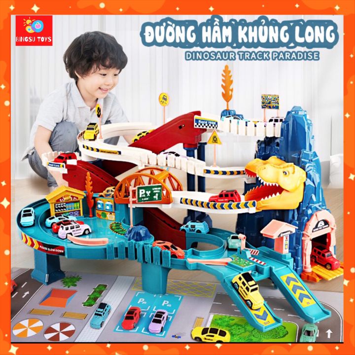 Đồ chơi gara đường hầm khủng long kích thước lớn tặng nhiều mô hình ô tô siêu hot