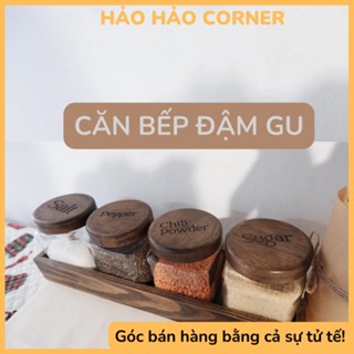 Combo 1 khay kèm 4 hũ thủy tinh nắp gỗ khắc lazer, lọ đựng gia vị, hộp đựng gia vị thủy tinh 400ml