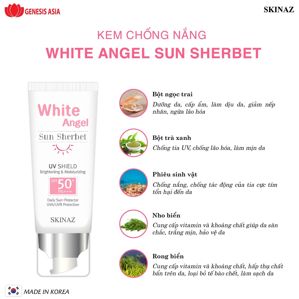 Kem Chống Nắng White Angel Sun Sherbet Skinaz Hàn Quốc SPF 50,PA+++  70ml