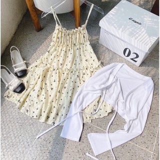 Set đầm hoa bo chun ngực kèm khoác crop