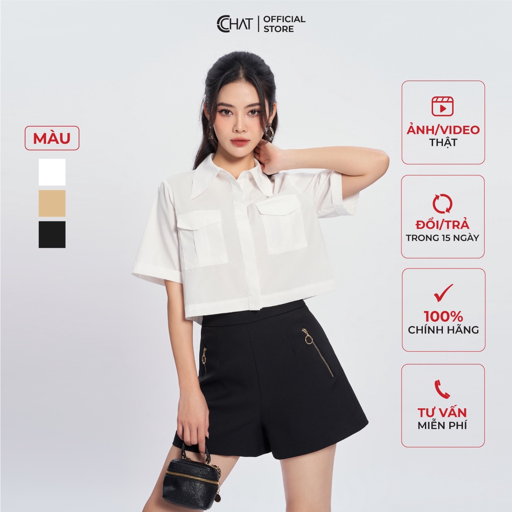 Áo Sơ Mi Nữ 𝐂𝐂𝐇𝐀𝐓 Cổ Đức Túi Hộp Chất Thô Cao Cấp 13FDT2003OT