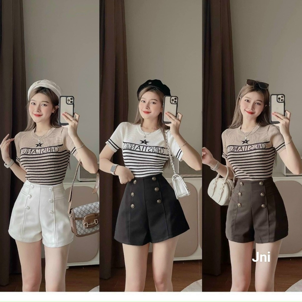 Áo len nữ Mongtoghi chữ Quảng Châu hot trend. Áo len ngắn tay kẻ sọc chữ Đì Ô