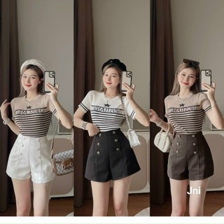 Áo len nữ Mongtoghi chữ Quảng Châu hot trend. Áo len ngắn tay kẻ sọc chữ Đì Ô