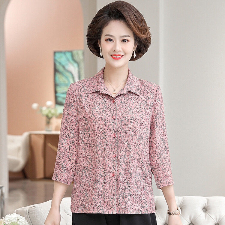Quần áo phụ nữ trung niên và cao tuổi, xuân hè, 40-60 tuổi, sơ mi hoa văn và có tay