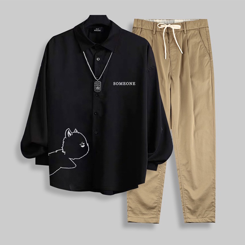 Bộ Quần Áo Nam Áo Sơ Mi Dài Tay Cổ Ve In Hình Mèo Họa Tiết Chữ SOMEONE Quần Kaki Basic Có Túi Trẻ Trung Thời Tra