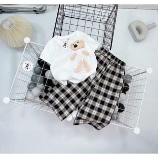 Sét bộ quần kẻ kèm áo gấu cho bé 10-18kg