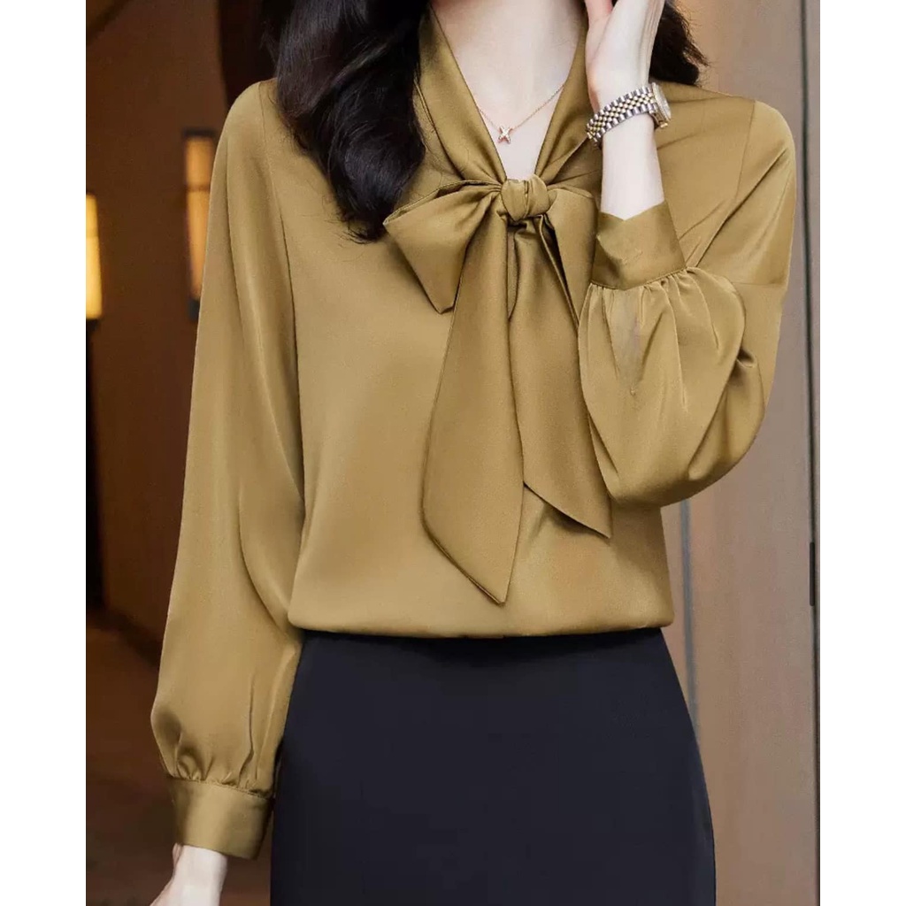 Áo Sơ Mi trung niên nữ HT official,Áo Sơ Mi Nữ Đẹp Tay Dài Cổ Thắt Nơ Chất Lụa Cao Cấp