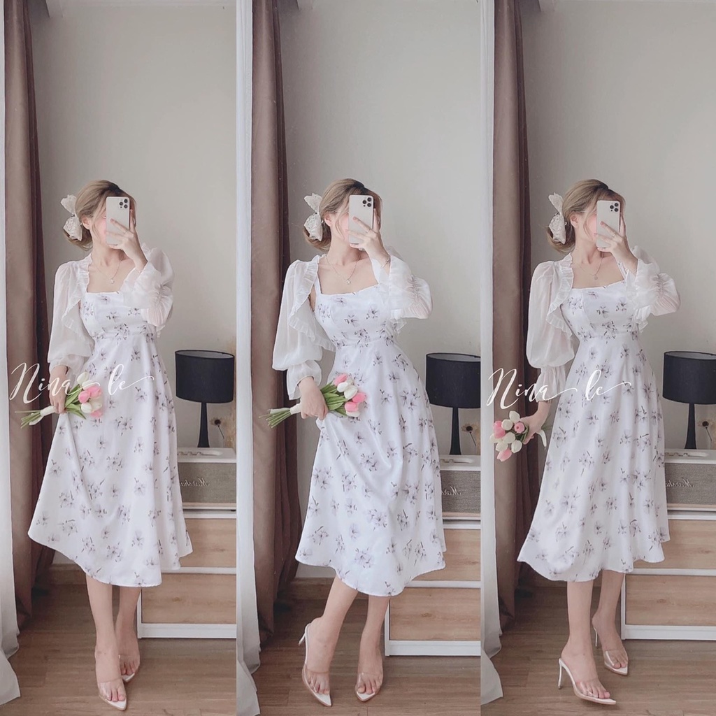 Set váy 2 dây voan hoa tím tiểu thư, đầm hoa xòe kèm áo khoác voan đi biển, váy 2 dây hoa nhí nhẹ nhàng mùa hè