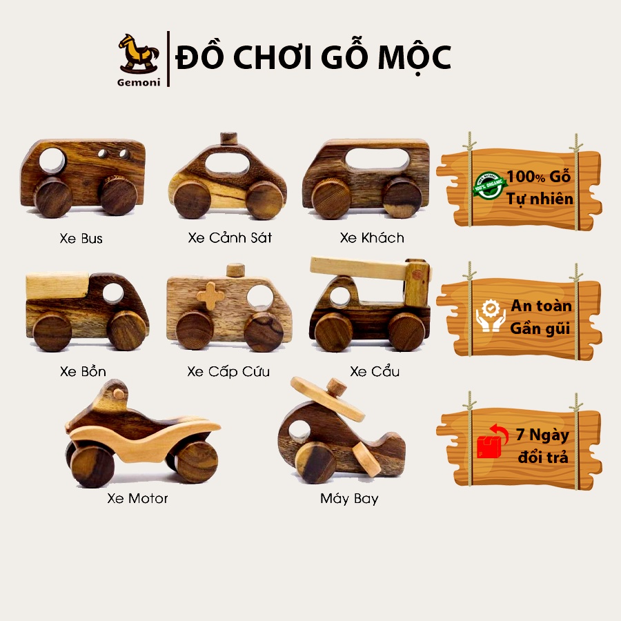 Bộ 8 Xe Đồ Chơi Gỗ Mini, Bánh Xe Di Chuyển Linh Hoạt.