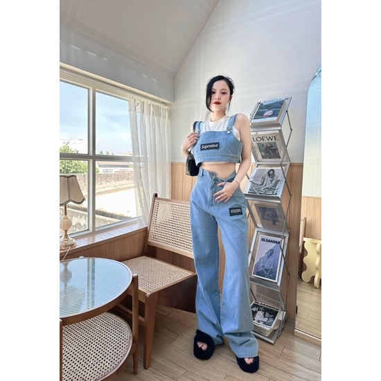 set áo crop jeans + quần suông jeans
