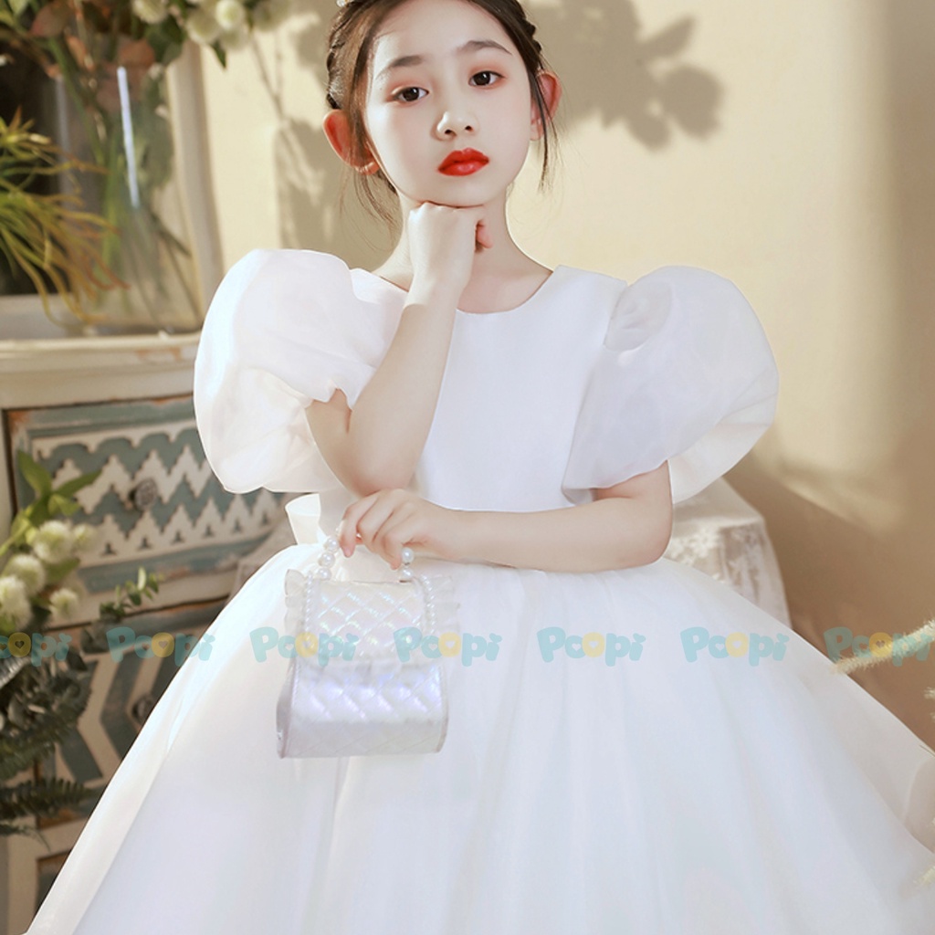Váy Công Chúa Bé Gái Poopi Màu Trắng Dịu Đính Nơ Lưng, Đầm Dự Tiệc Cho Bé Gái