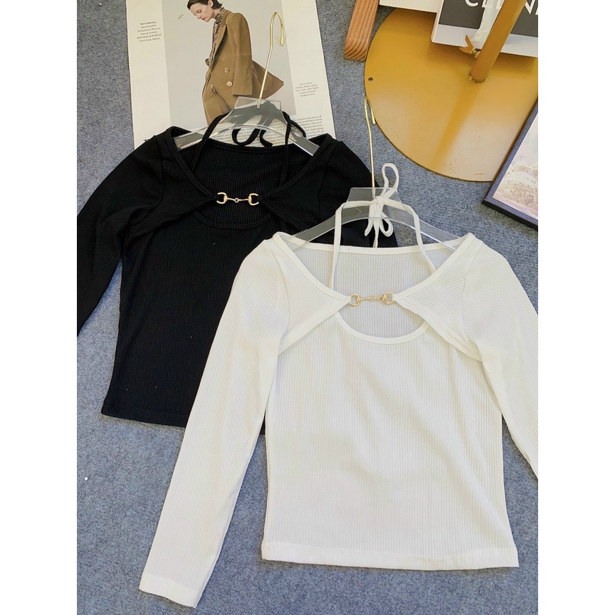 Áo cổ yếm hở ngực dài tay thun gân hot girl