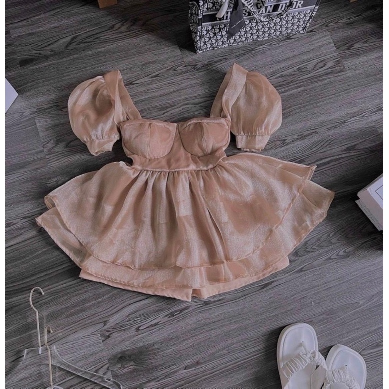 SET ÁO PEPLUM VOAN CÚP NGỰC CỔ VUÔNG TAY BỒNG + QUẦN SOOC