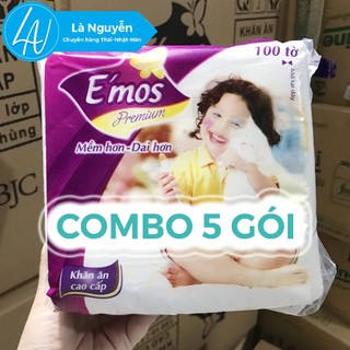 Combo 5 gói khăn giấy vuông Emos 100 tờ dai mịn