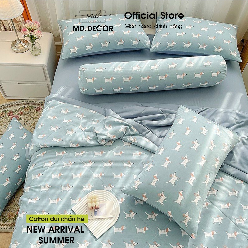 Bộ Chăn Chần Ga Giường Vỏ Gối 5 Món Cotton Đũi MD.DECOR - Bedding Cao Cấp Hoa Lá Đủ Size Nệm M6/M8