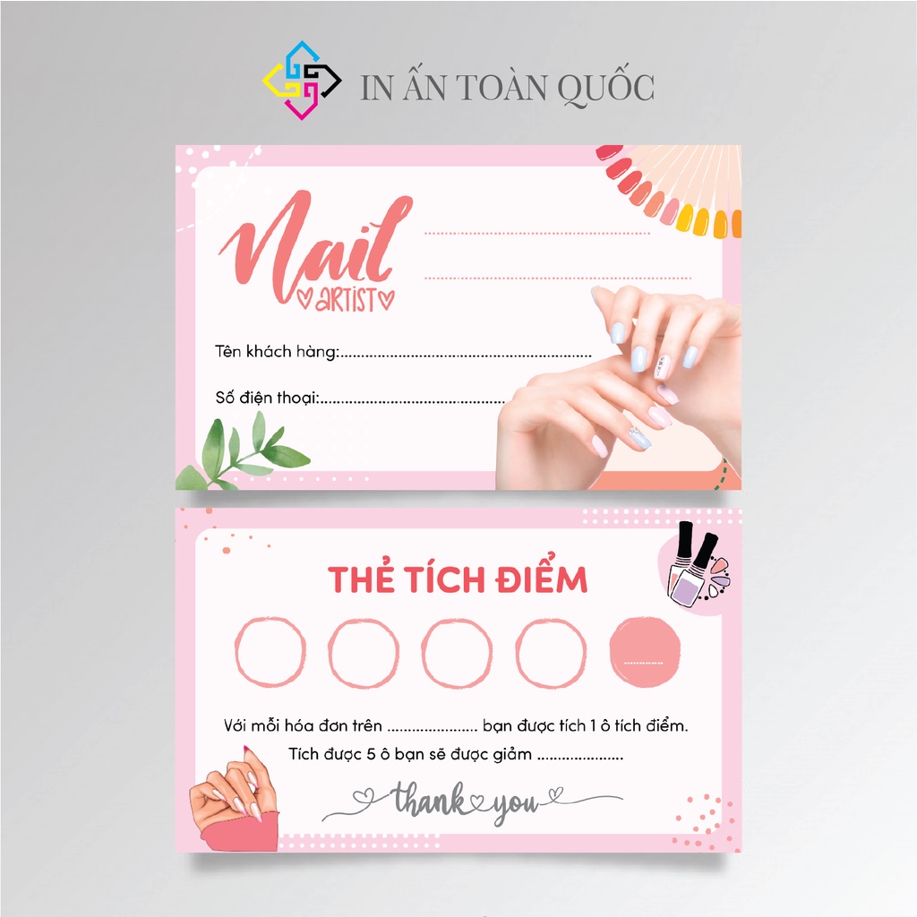 100 thẻ tích điểm nails, Phiếu tích điểm nails mẫu có sẵn, nail box, loyalty cards,