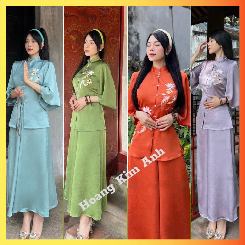 BỘ ĐỒ LAM LỄ PHỤC CÁCH TÂN ĐI LỄ CHÙA CỔ TÀU TAY RỘNG THÊU HOA ĐÍNH NGỌC TRUYỀN THỐNG LỤA TUYẾT NHUNG MÀU CAM, TÍM, XANH