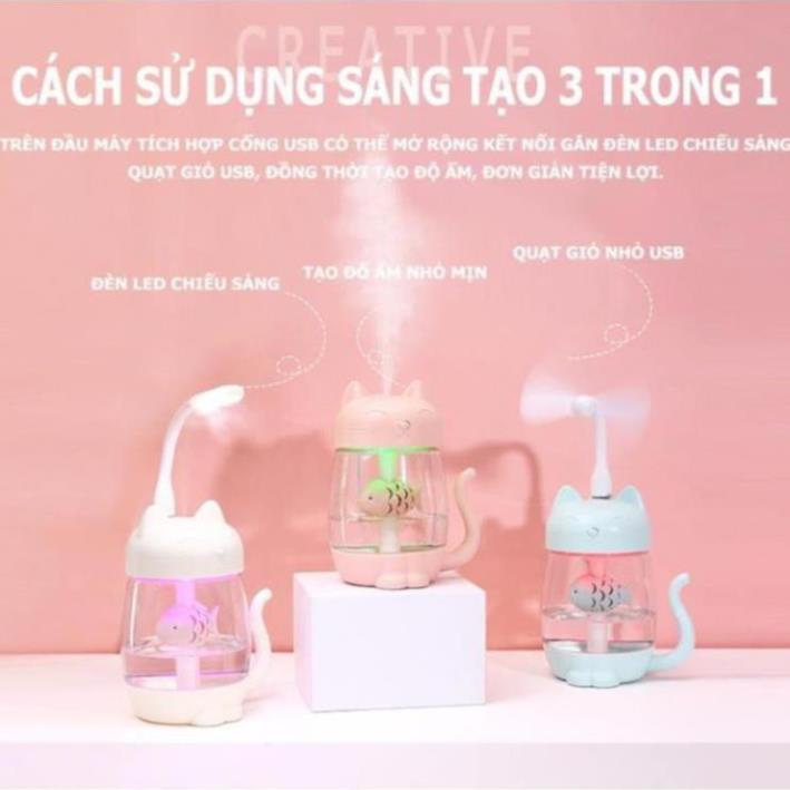 ⚡️Mèo Máy Phun Sương Đa Năng⚡️ Khuếch Tán Tinh Dầu & Phun Sương Tạo Độ Ẩm, Đèn Mini, Quạt Mini Cho Gia Đình Và Xe Ôtô