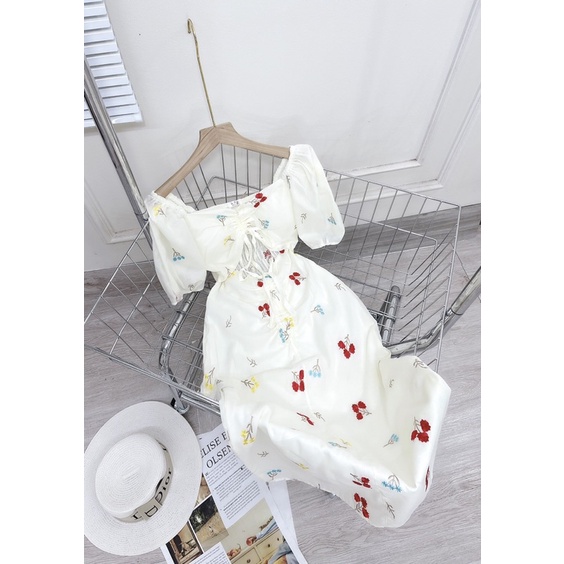 [ 𝐅𝐑𝐄𝐄 𝐒𝐇𝐈𝐏 ] Váy hoa thêu rút ngực tay bồng về cực đẹp Chất thô lụa mềm lót 2 lớp Chun lưng dễ mặc Hàng kỹ