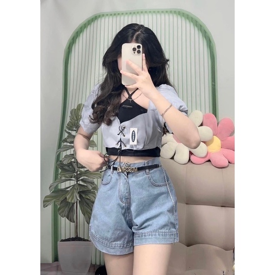 Set áo croptop vai phồng đan dây kèm áo yếm siêu ngầu Ulzzang