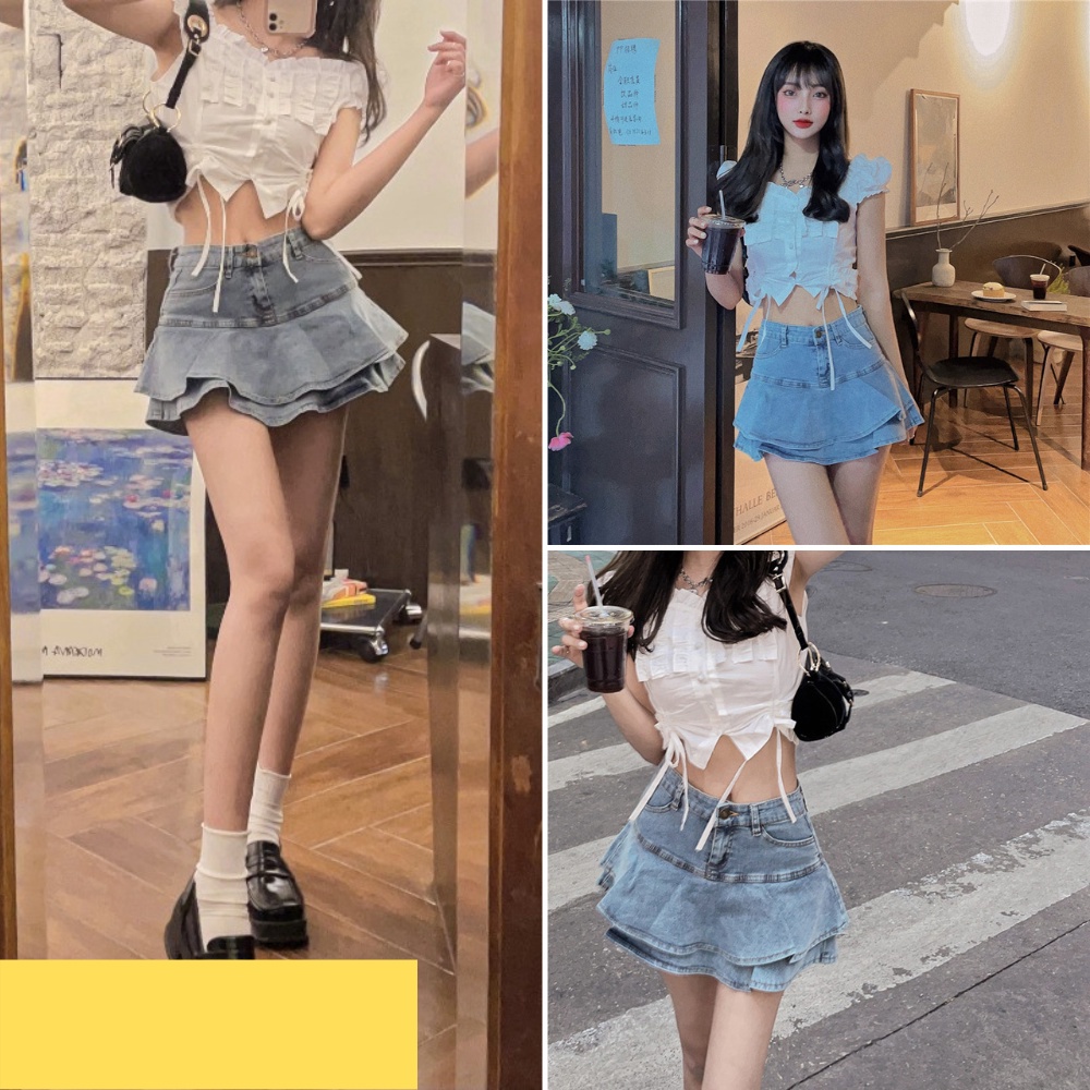 Chân váy nữ, chân váy jeans tà bèo không dây kèm theo màu xanh size S M L SKUCV-17A1 kenshop198