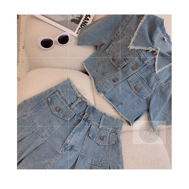 Set áo sơ mi croptop + chân váy jean xoè hàng QCL1