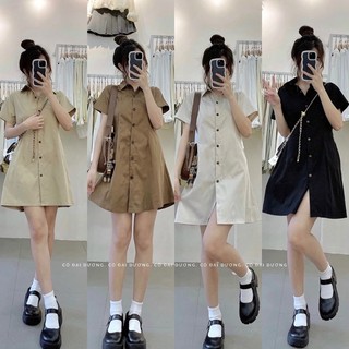 Đầm sơ mi cộc tay dáng xoè lưng chun,váy sơ mi nữ chít eo Chất thô mềm