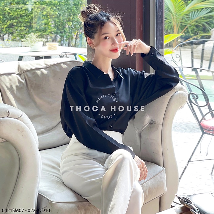 Áo sơ mi cổ sen tay dài trơn màu đen, trắng THOCA HOUSE vải mềm mịn, dày dặn mặc cực xinh