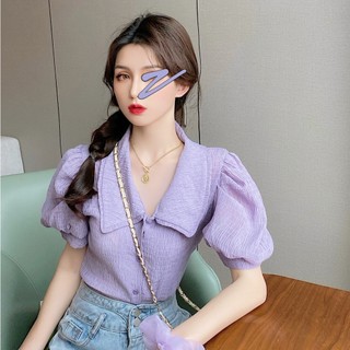 (có ảnh thật) Áo Sơ Mi Tím Cổ Búp Bê “Phong Cách Hàn Quốc” Mã QC82