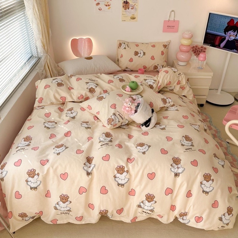 Bộ chăn ga gối Cotton living K2337 Gấu váy 4 món nhập free size (kèm quà tặng, bo chun miễn phí, sửa ga gối theo yêu cầu