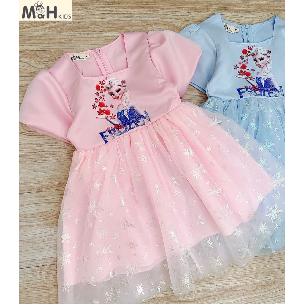 Váy Elsa tay bồng 2 màu xanh, hồng cho bé gái