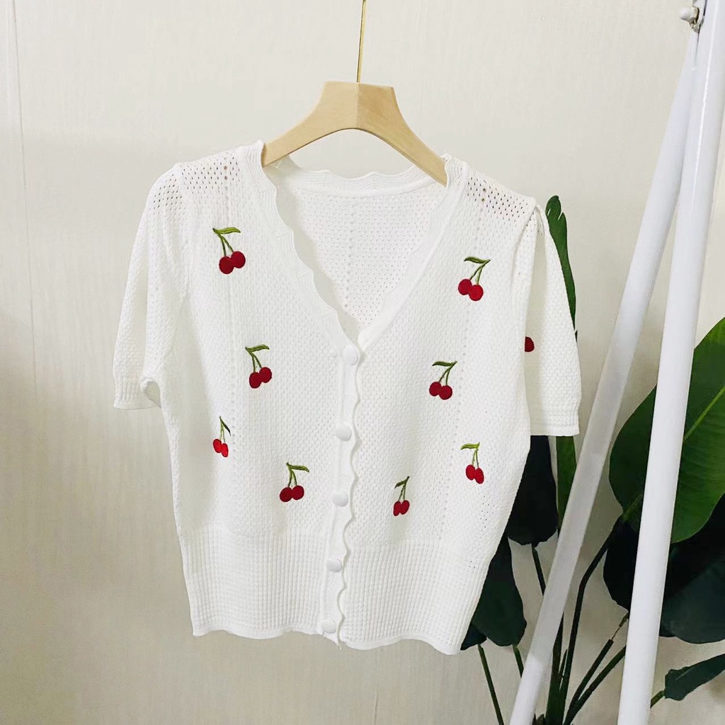 Áo len hè cộc tay dáng cardigan , thêu họa tiết quả cherry EZ9.STORE EA007