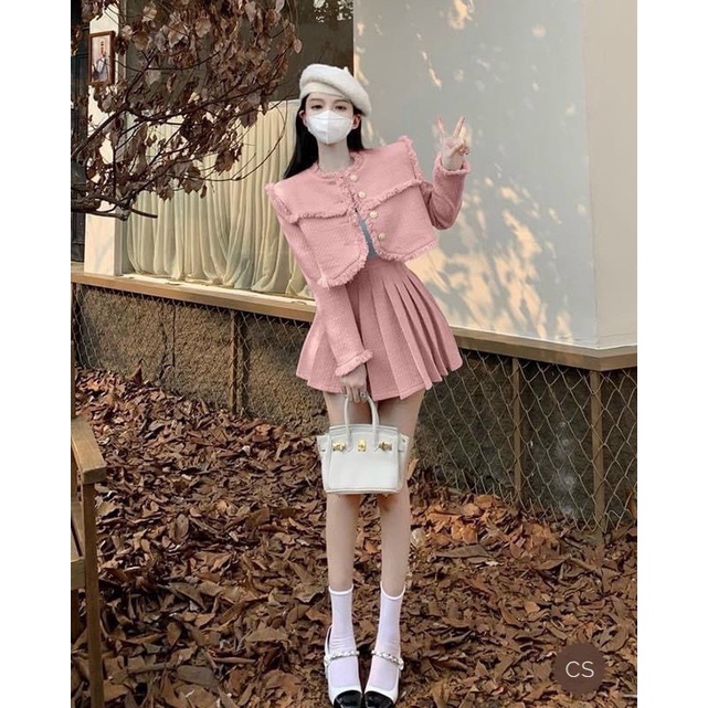 Set Dạ Váy Hồng thiết kế tay dài, vai bồng phối váy ngắn phong cách Hàn Quốc | BigBuy360 - bigbuy360.vn